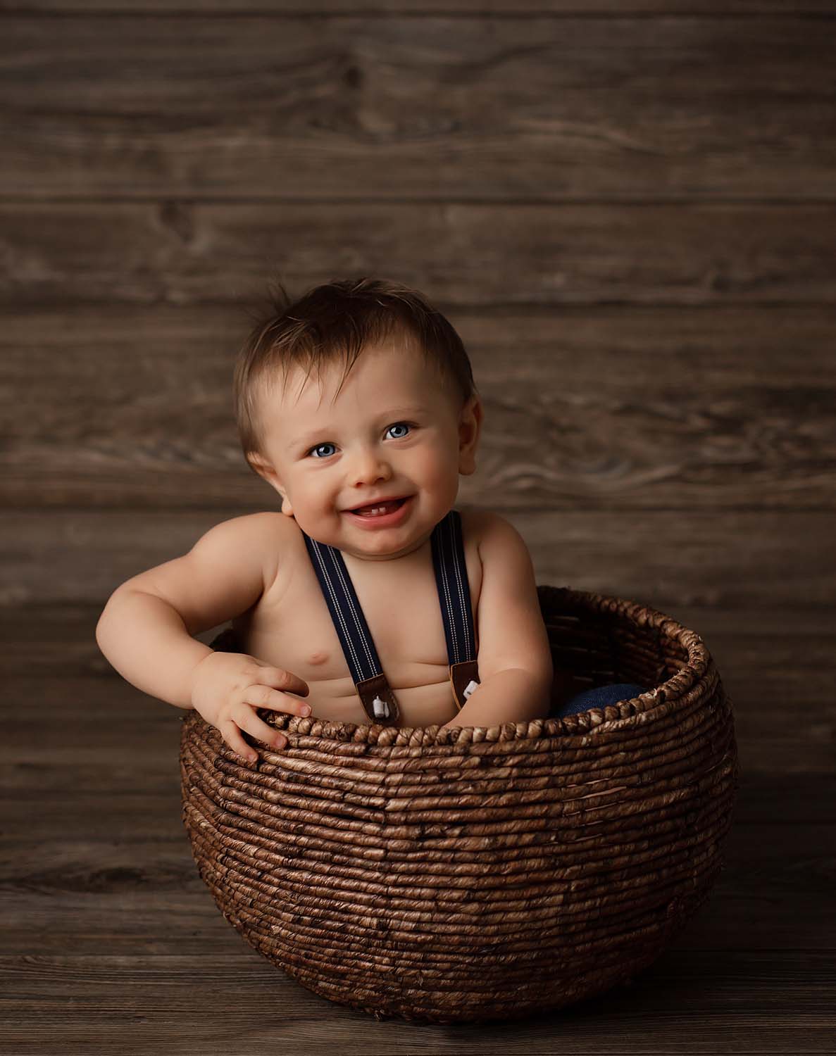 6 month old baby photographed inside a basket bowl in miami, fl
