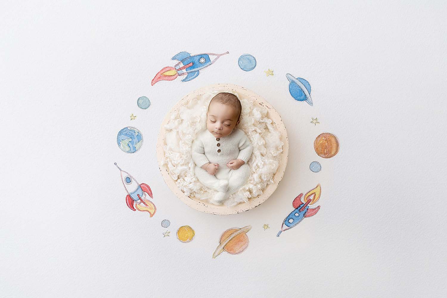 baby in bowl outer space planets for newborn session in coral springs, FL