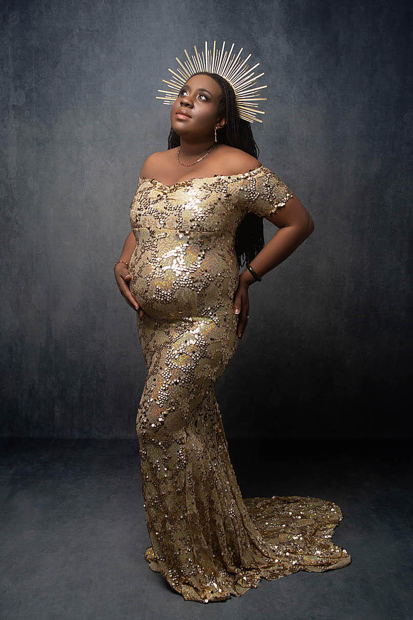 black women wearing gold dress and halo for maternity in weston, FL