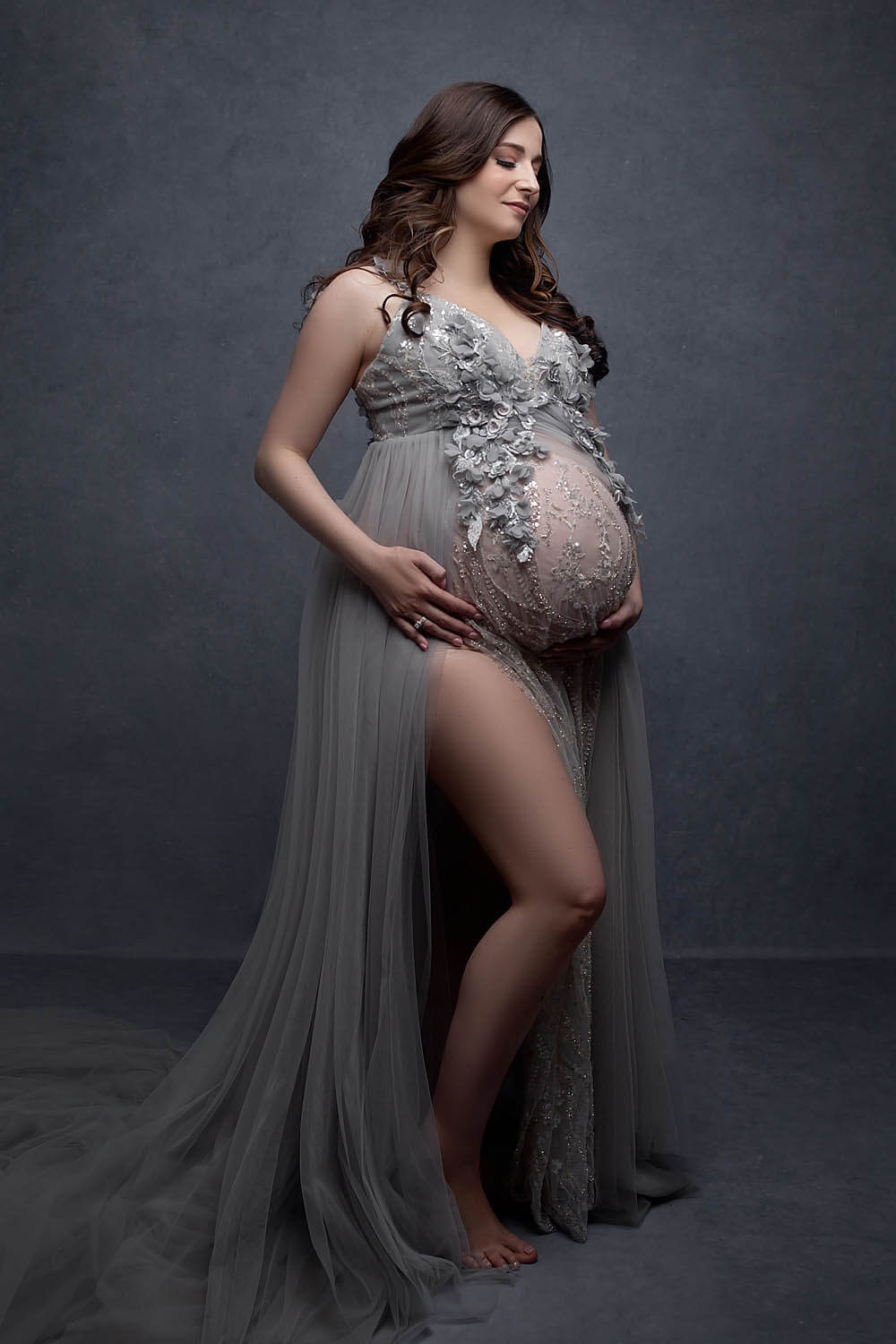 pregnant mom wearing silver gown in coral springs, fl