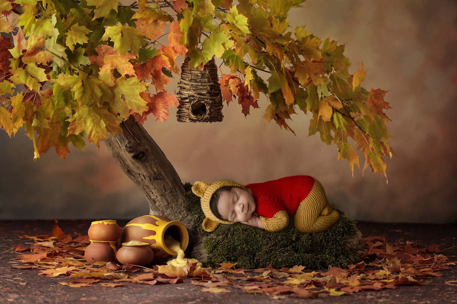 baby wearing a winnie the pooh outfit for her newborn photoshoot at a photography studio in davie fl